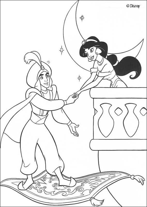 Aladino y Jasmine agarrados de la mano al pie del balcón