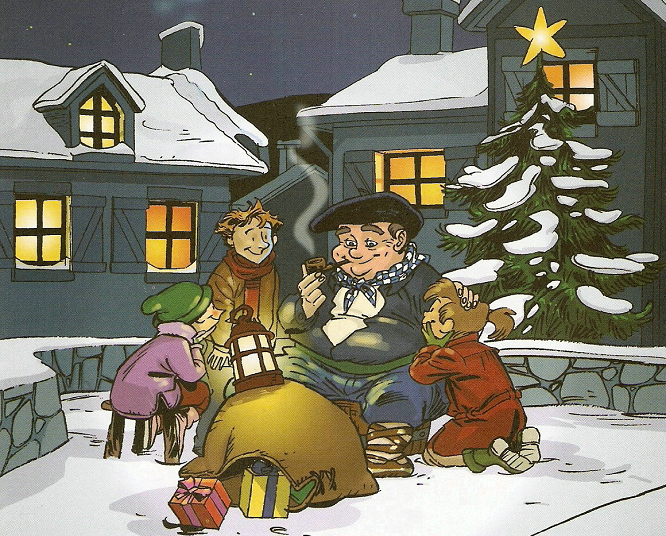 El Olentzero rodeado de niños al lado de una hoguera en navidad