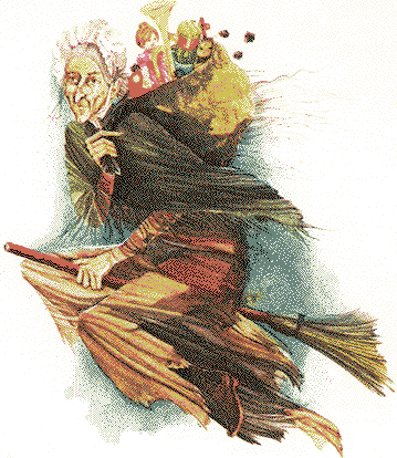 Una befana volando con su saco de dulces y regalos Una befana volando con su saco de dulces y regalos